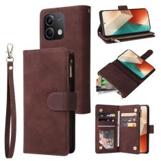 Capa carteira para Xiaomi Redmi Note 13 5G, 6 compartimentos para cartão, 1 compartimento para dinheiro, bolsa de couro com zíper, fecho magnético flip com alça de pulso para Redmi Note 13 5G 2024