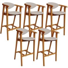 Kit 05 Banquetas Alta Para Cozinha Bancada Bar Sala de Jantar Fixa Cecília L02 Linho Bege - Lyam