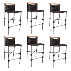 Kit 6 Banquetas Anne em Corda Náutica Base em Alumínio Cinza com Detalhe em Madeira Marrom