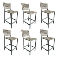 Kit 6 Banquetas França em Corda Náutica e Base em Alumínio Cinza para Área Gourmet Areia