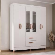 Guarda-Roupa Solteiro Fortaleza 6 Portas 2 Gavetas com Espelho Branco Brilho - Atualle Móveis