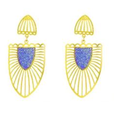 Brinco Folheado a Ouro 18k Glamour Brazão Com Brilho Safira