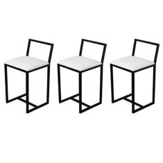 Kit 3 Banqueta Baixa Para Cozinha Preta Industrial Assento Estofado - 