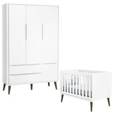 Berço Americano e Guarda Roupa 3 Portas Infantil Theo Branco Acetinado