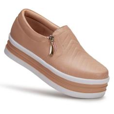 Tênis Slip On Sapatenis Feminino Zíper Sola Plataforma Flat Leve Moda 