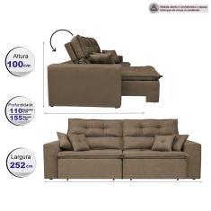 Sofá Cairo. 2,52m Retrátil, Reclinável Tecido Suede Café