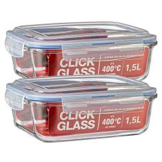 Kit 2 Potes De Vidro 100% Herméticos 1,5L Click Glass