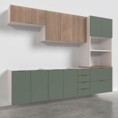 Cozinha Modulada 5 Peças Sem Tampo 2 Aéreos 2 Balcões 1 Torre Quente Ipanema CabeCasa MadeiraMadeira Acácia/Verde Folha/Branco