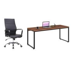 conjunto de mesa kuadra nogal com cadeira de escritório diretor giratória cleaner preta