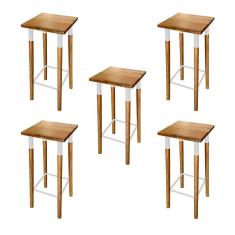 Kit 5 Banquetas Bistro Industrial Colors Ferro e Madeira Maciça - Branca
