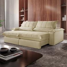 Sofá Retrátil e Reclinável com Catraca Blindada 200cm Porto Bello Veludo Jolie/Bege