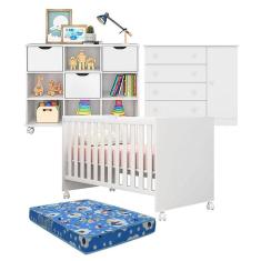 Berço Americano Doce Sonho 100 com Rodízios e Cômoda 2561 com Nicho Organizador 3 Gavetas Branco Brilho com Colchão - Qmovi