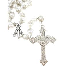 Terço De Noiva Prata Perolas Brancas Cruz Coração Aparecida