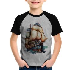 Camiseta Raglan Infantil Navio Vintage - Foca na Moda, Cinza, Preto, 1