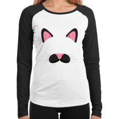 Baby Look Raglan Gatinha Orelhinha Manga Longa - Foca na Moda, Branco,