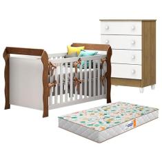 Berço Americano Lara e Cômoda Gaveteiro Mel Flat Branco Acetinado Amadeirado com Colchão Gazin - Carolina