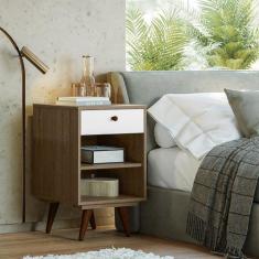 Mesa de Cabeceira Retro Plus 1 Gaveta Rustik Carvalho/Branco - Olivar 