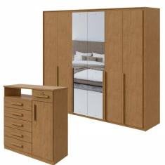 Conjunto de Guarda-Roupa com Espelho Imperatore com Cômoda Da Vinchi com Nicho Amêndoa Clean