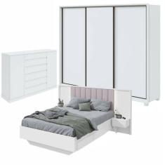 Quarto com Guarda-Roupa Casal 3 Portas  6 Gavetas, Cômoda 2 Portas 7 Gavetas e Cama Solaris Branco