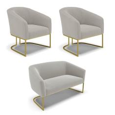 Sofá Namoradeira e 2 Poltronas Base Industrial Dourado Stella Bouclê D03 - D`Rossi