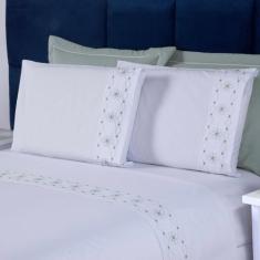 Jogo de Cama King 4 Peças 100% Algodão Percal 200 Fios  Damasco Branco