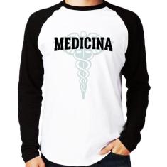 Camiseta Raglan Medicina Manga Longa - Foca na Moda, Branco, Preto, GG