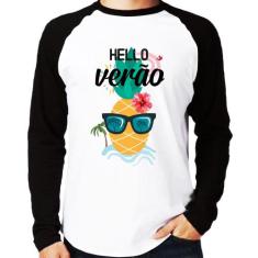 Camiseta Raglan Hello Verão Manga Longa - Foca na Moda, Branco, Preto,