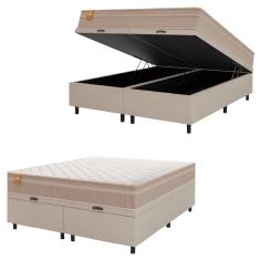Cama Box Baú Casal Queen Colchão Molas Qatar 158x198x63cm Bege/Branco Inducol - Suporta Até 200 Kg P