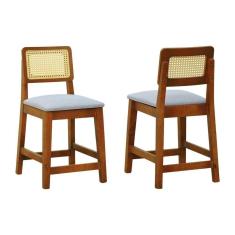 Kit 2 Banquetas Baixa-cadeira Gabi Madeira Maciça Encosto Telinha - Amêndoa Assento Estof. Linho Bege Mescla Impermeável