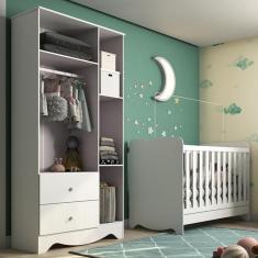 Quarto De Bebê Com Berço Americano 3 Em 1 E Guarda Roupa 3 Portas 2 Gavetas Ben Branco Brilho