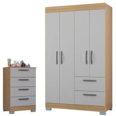 Cômoda 867 4 Gavetas e Guarda Roupa Solteiro Tóquio 4 Portas Damasco O