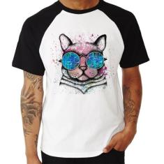 Camiseta Raglan Gato de Óculos Psicodélico - Foca na Moda, Branco, Pre