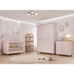 Quarto de Bebê Completo Berço Guarda Roupa 4 Portas e Cômoda 4 Gavetas 100 MDF Lívia Permobili