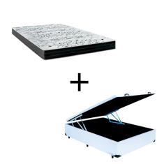 Cama Box Baú Casal 138 Tecido Sintético Branco com Colchão de Espuma Semi Ortopédica Extra Firme Cinza 80kg