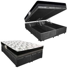 Cama Box Baú Casal Suede Bipartido + Colchão Ortobom Iso Dupla Face 138x188x60 Preto