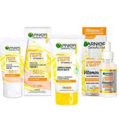 Garnier Skin Uniform & Matte Vitamina C Kit – Sérum Facial + Gel de Limpeza + Protetor Solar FPS50 c-Unissex