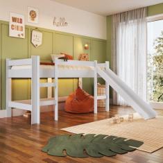 Cama Elevada com Escorregador sem Cortina com Colchão Incluso Branco