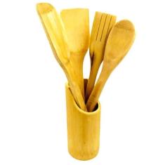 CONJUNTO KIT 5 UTENSÍLIOS DE MADEIRA BAMBU ESPÁTULA COLHER ECOLÓGICO COZINHA CULINÁRIA