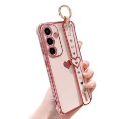 DEFBSC Capa compatível com Samsung Galaxy S24 Plus, capa de coração de amor com borda galvanizada com alça de pulso, proteção total da câmera cantos reforçados à prova de choque, capa de TPU macia à