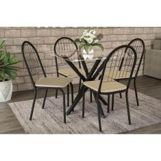 Sala De Jantar Completa Volga C/ Tampo Vidro 95Cm + 4 Cadeiras Noruega Preto Fosco/Courano Nude