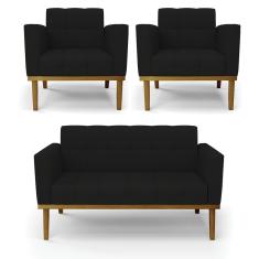 Sofá Namoradeira E 2 Poltronas Base Madeira Castanho Elisa Linho D03 - D'rossi Cor A79 Preto