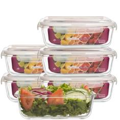 KIT 5 Potes de Vidro Retangular com Tampa Hermética 640ml (Branco)