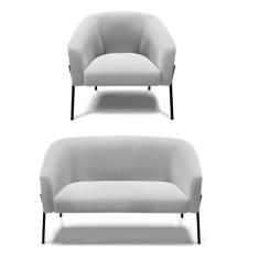 Sofá Namoradeira e Poltrona Pé de Ferro Preto Stella Suede Cinza D03 -