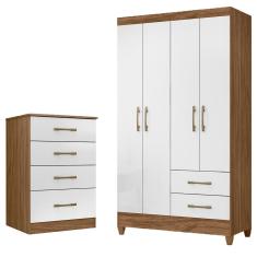 Kit Guarda Roupa Solteiro e Cômoda Chile MS 4 Portas Bater 6 Gavetas MDP Naturale - Branco Moval Móveis