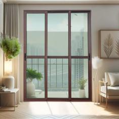 Porta de Correr 3 Folhas Moveis Sequenciais 210 X 180 Elite com Fecho Automático Vidro Liso Corten