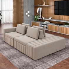 Sofá Ilha com Encosto e Almofadas Móveis Olimpo 245cm Modulado Veludo Bege G45 - Gran Belo