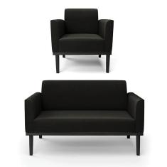 Sofá Namoradeira Com Poltrona Base De Madeira Fixa Preto Marisa Suede Preto D03 - D`Rossi