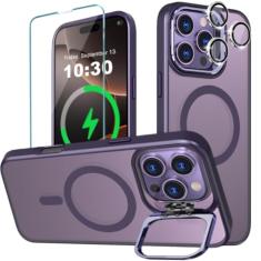 WATEFULL Capa para iPhone Pro Max MagSafe com suporte de metal resistente, ultra ímãs foscos finos à prova de choque com 1 tela 1 protetor de lente de câmera para iPhone Pro Max de 6,9 polegadas (roxo