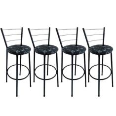 Kit 4 Banquetas Alta Preta com Encosto Assento Floral Preto Jaddi