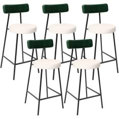 Kit 05 Banquetas Baixa Bar Cozinha E Sala De Jantar Milão L02 Facto Verde Linho Cru - Lyam Decor